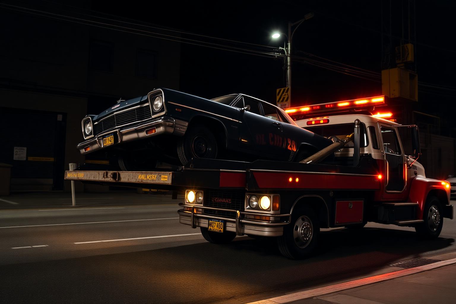 Tow truck loading a junk car in Chicago